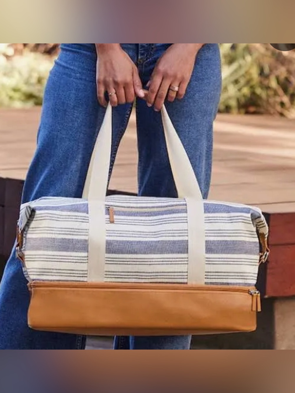DSW Striped Weekender Tote with Tan Faux Leather Trim